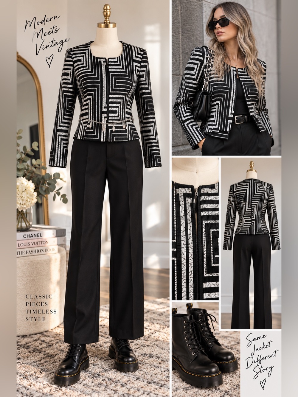 Joseph Ribkoff Black and White Geometric Jacket with Black Trousers